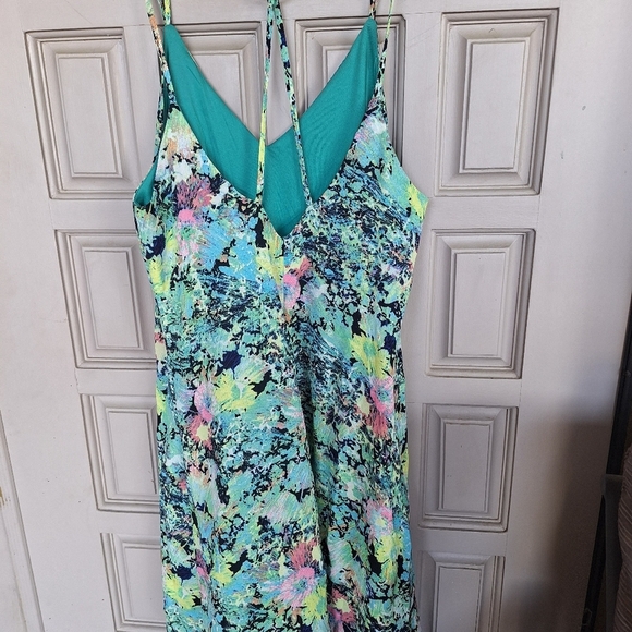 Xhileration Dress Spaghetti Cross Straps SzL Aqua Floral Print Pretty Summer - Picture 3 of 10